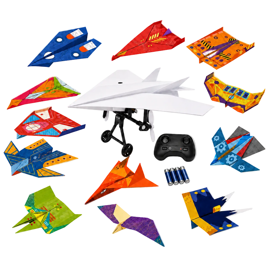 Flight Lab Complete Setup with powered paper plane, controller, four AAA batteries, and twelve printed paper plane designs