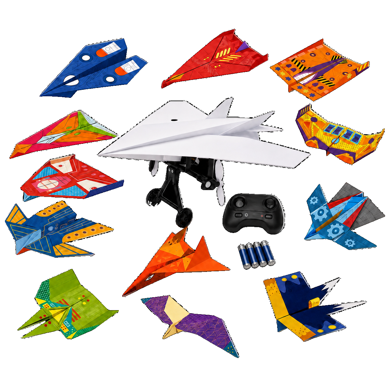 Flight Lab Complete Setup with Power Plane Kit, controller, four AAA batteries, and twelve folded paper airplane designs