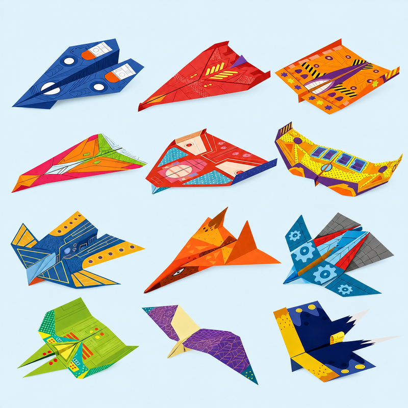 Twelve colorful folded paper airplane designs in the Flight Lab Paper Fleet Pack