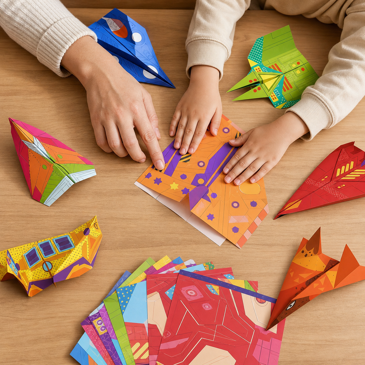 Adult and child folding colorful paper airplanes together