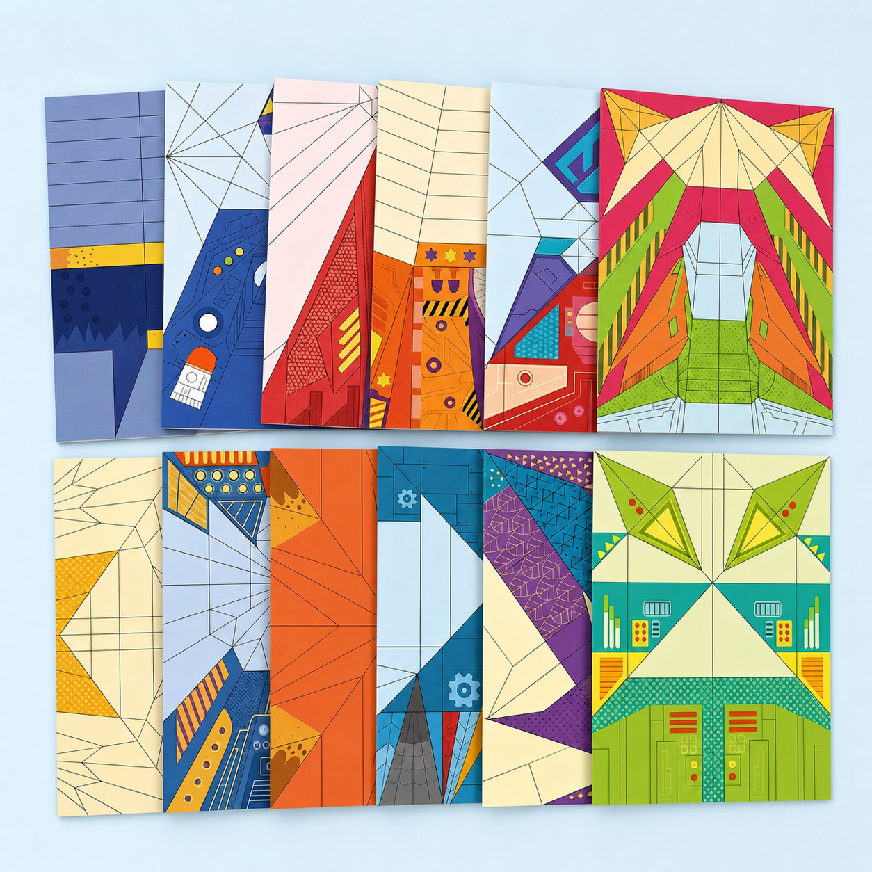 Colorful pre-printed folding sheets with paper airplane fold guides